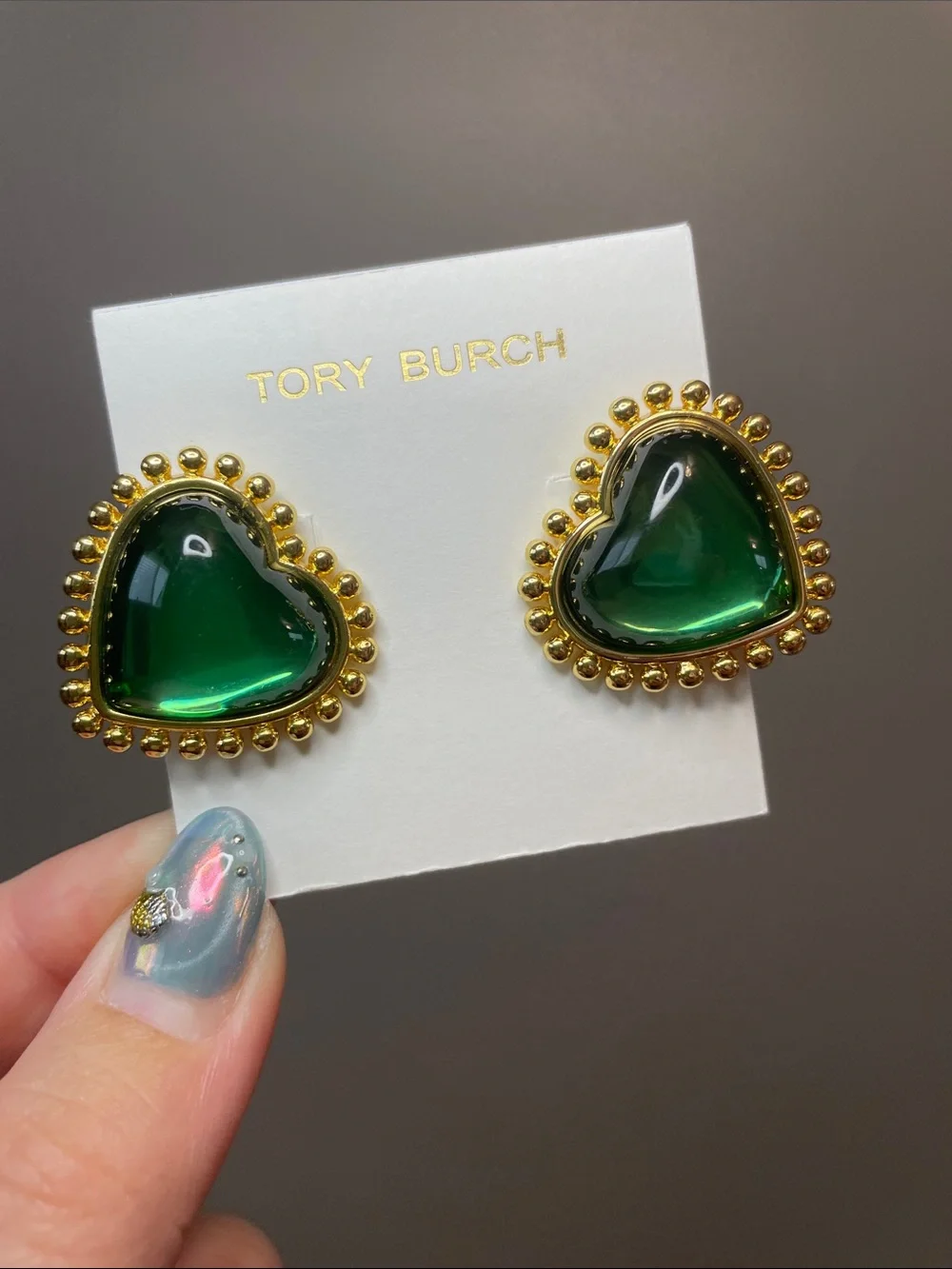 Tory Burch Clip-On Gold-Trimmed Emerald Heart Earrings - NWT $98 MSRP